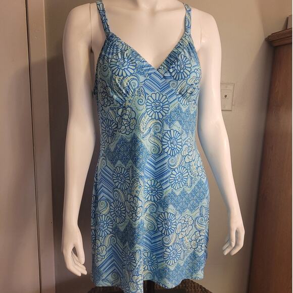 Vintage 90s Batik Slip Dress Aqua Floral Adjustable Straps Sz L Y2K Indie Trippy - Picture 9 of 10